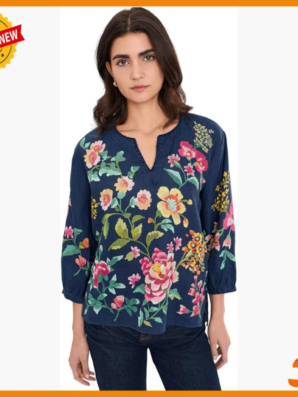 Linen Blouse Split Neck Three-Quarter Sleeves Embroidered Details